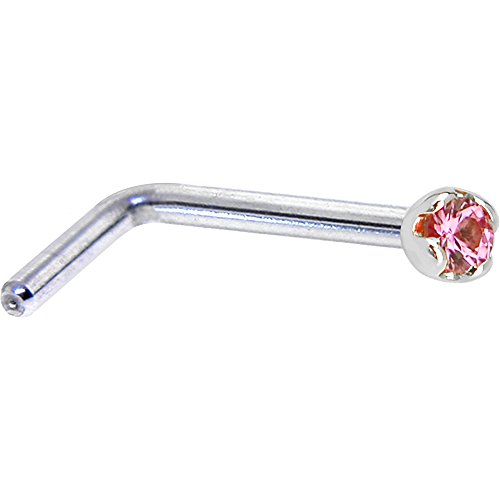 Body Candy Solid 14k White Gold 1.5mm Genuine Pink Sapphire L Shaped Nose Stud Ring 20 Gauge 1/4"