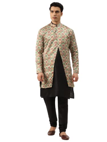 Image of SOJANYA (Since 1958 Men's Silk Blend Black Kurta Pyjama & Sherwani Set