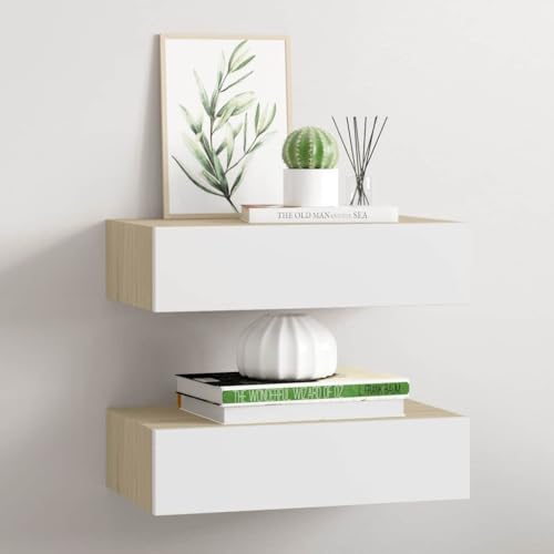 Mokuyary Estantes de Pared con cajón 2 uds MDF Roble/Blanco 40x23,5x10cm Estantería de Pared con 2 Cajones Mesita de Noche Flotante Estante con Cajón para Recibidor Dormitorio
