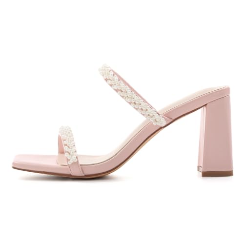 Image of Shoe'N Tale Pearl Strappy Heels for Women Two Band Chunky Block Heeled Sandals Square Open Toe Backless Mules Slip On Pumps Dressy Shoes