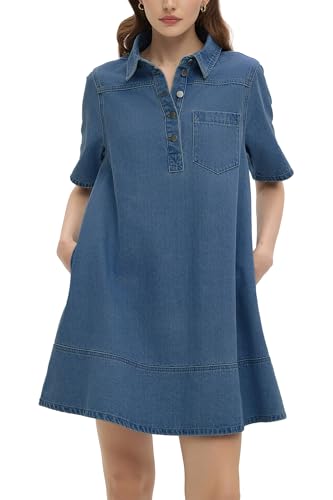 Image of EZAPINE Womens Denim Shirt Dress Collared Button Up V Neck Casual A Line Jean Dresses with Pockets