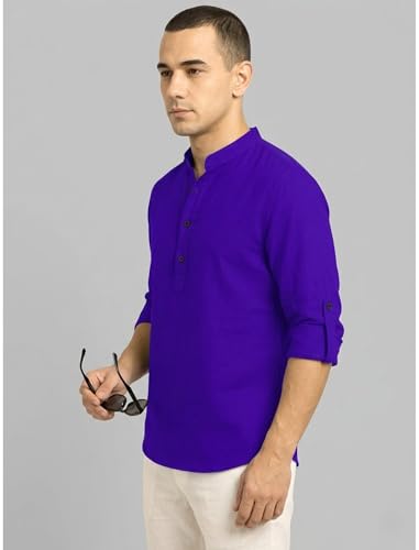 Image of DEEMOON Men's Cotton Blend Solid Regular Fit Full Sleeve Short Kurta | Men's Trendy Short Kurta