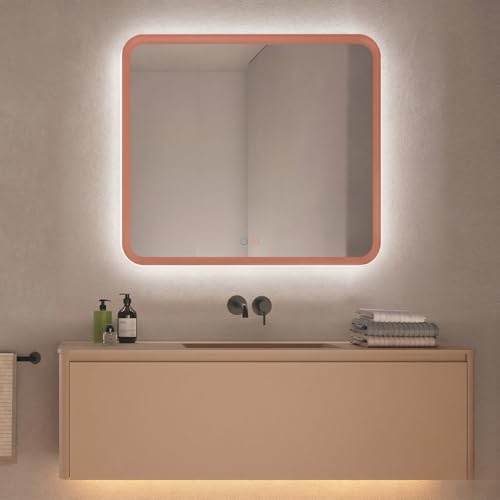 LEDIMEX - Miroir Salle de Bain 80X80Cm Rétroéclairé avec Lumière LED, Anti-Buée et Grossissement X3 avec Cadre Rose Corail | Miroir Intelligent Tri-LED (Chaude,...