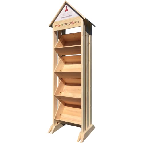 Présentoir Bois Cabane – Presentoir Magasin avec 4 Caisses Elite en Pin Massif & Panneau Personnalisé [ Etagere echelle Bois ]