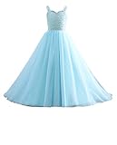 Changuan Crystal Tulle Flower Girl Dress Long Ball Gowns for Wedding Glitter Kids Pageant Party Princess Communion Vintage Dance Gown Baby Blue 12