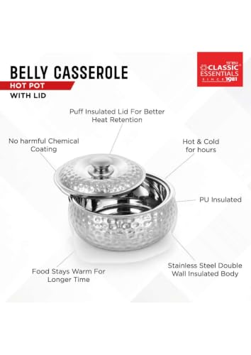 Image of CLASSIC ESSENTIALS Tripot Double Wall Insulated Stainless Steel Pebble Casserole 1500 ml | Hot Pot Food Storage & Serving Container | Thermal Belly Casserole for Roti, Rice, Dal, Curry & Meals