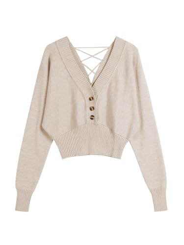 Image of ZAFUL Women V Neck Button Knit Crop Sweaters Batwing Sleeve V Back Ribbed Hem Pullover Sweater
