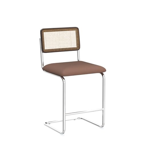 GrandNoor Natural Rattan Counter Height Stools Set of 2 with Solid Wood Back, 24 Inch Mid Century Modern Cesca Bar Stools, Brown Upholstery Boho Stool for Kitchen Counter with Chrome Metal Legs