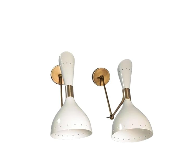 ali Art Vintage Style Wall Lamps, Adjustable Lamp Shades, Set of 2, White and Brass
