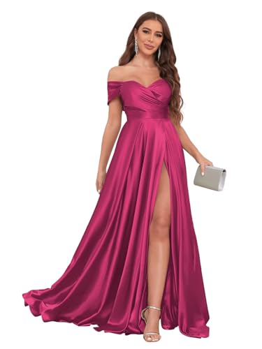 Image of JKMMYO Satin Bridesmaid Dresses for Women Off The Shoulder Pleated Long Formal Evening Dress