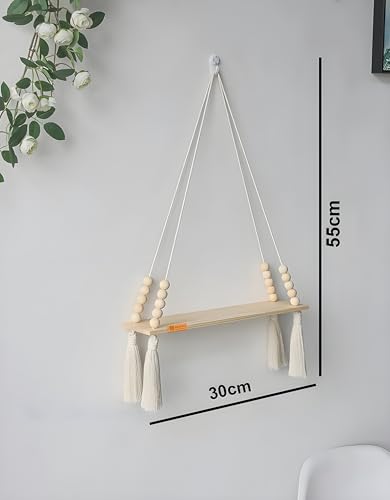 Image of Bohemian Macrame Hanging Wall Art Shelf - Rustic Wood Swing Decor with Beads & Tassels - Includes Adhesive Hook - Floating Plant Holder