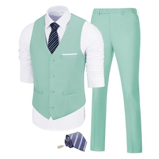 Fesenbo Conjunto de terno masculino slim fit, 2 peças, smoking, negócios, casamento, formatura, festa, colete e calça, Verde menta, M