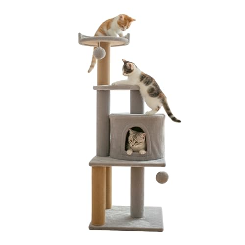 Image of Soft Fur Activity Scratching Post /Cat Tree for Kittens & Cats - Natural Sisal Rope Triple Platform Tower (Height 43 Inch) (Grey -3FLOOR)