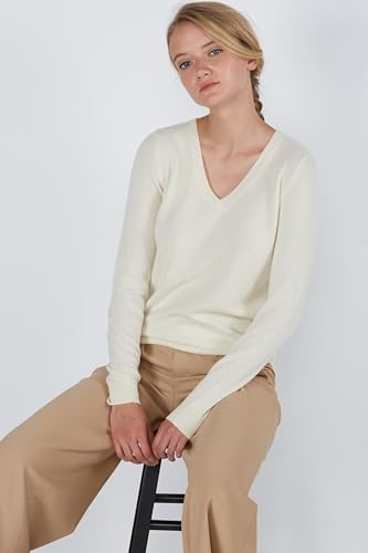 Image of JENNIE LIU Women's 100% Pure Cashmere Long Sleeve Pullover V Neck Sweater