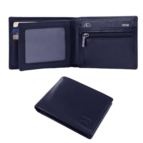 Men Wallet Leather RFID Card Holder Bifold Money Bag Zipper Billfold Blue