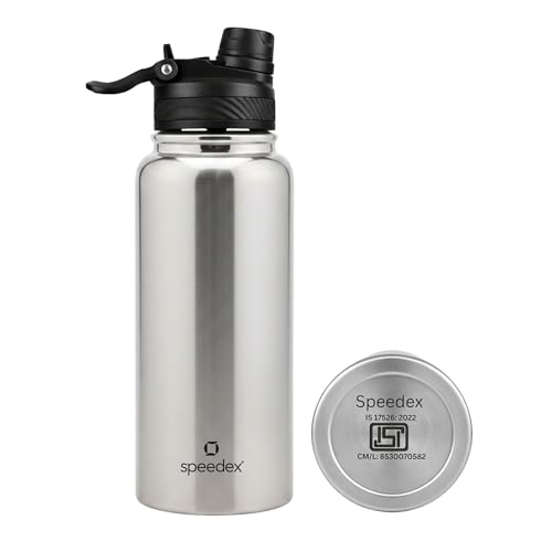 Image of Speedex Vacuum Insulated Stainless Steel Water Bottle 1 Litre (1000ml / 1L / 1 LTR) with 2-in-1 Lid (Straw & Spout), Hot & Cold Leakproof Thermosteel Travel Flask for Office, Gym & School (Silver)