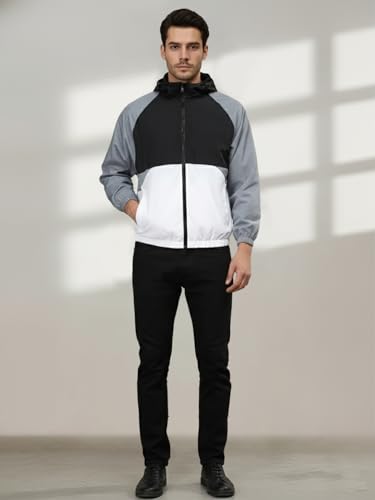 Image of CHKOKKO Mens Stylish Oversized Windcheater Jacket with Zip Closure Lightweight Sportswear for Running Travel Hiking Outdoor and Rainy Season Wear BlackWhiteGREY XXL