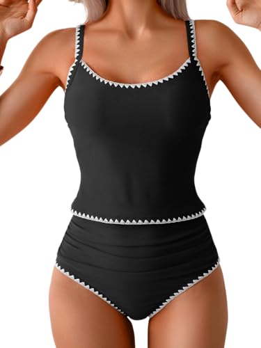 Eomenie Tankini Swimsuit for Women Tummy Control Ruched Two Piece Bathing Suits High Waisted Shell Stitch Swimwear