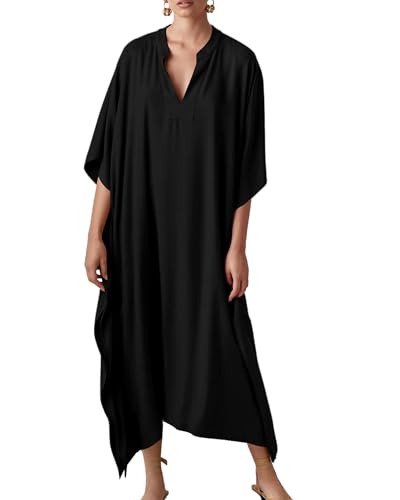 Bsubseach Damen Kaftan Kleider Batwing Sleeve Strandkleid V-Ausschnitt Caftan Maxi Kleid Sommer Schwarz Silky