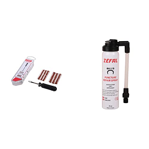 ZEFAL Repair Kit de Réparation à Mèches pour Pneus VTT Tubeless-Bouche Trous Entre 1mm et 5mm & Repair Spray - Bombe Anti Crevaison Pneu Vélo - Réparation Rapide Crevaison - 100 ML, Noir