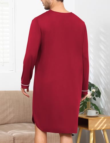 SWOMOG Men's Nightshirt Long Sleeve Nightgown Soft Loose Sleepwear Lightweight Nightwear Comfy Henley Sleep Shirt M-3XL4