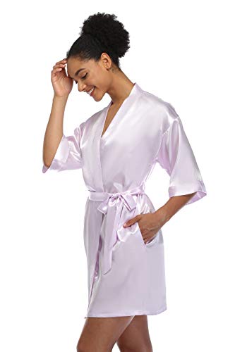 Feelia Women's Short Silky Kimono Robes Lightweight Pure Bathrobe Bridesmaid Wedding Party Sleepwear - Thumbnail 4