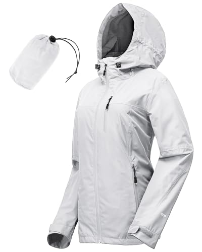 33 000ft Regenjacke Damen Wasserdicht Outdoorjacke Atmungsaktiv Herbst Übergangsjacke Leichte Jacke mit Kapuze Windbreaker zum Wandern Reisen Treking Fahrrad hellgrau 38