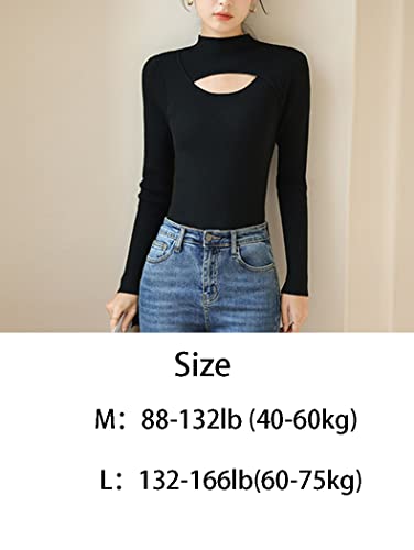 Image of Women Mock Neck Cutout Front Top Long Sleeve Light Weight Ribbed Knitting Sweater Bodycon Casual Shirt