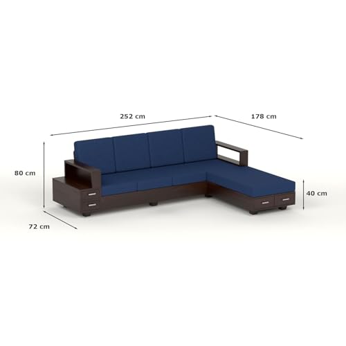 Image of Sheesham Wood 6 Seater L Shape Sofa Set with Storage Drawers and 40 Density Cushion | Solid Wooden Corner Sofa with Navy Blue Fabric Upholstery for Living Room