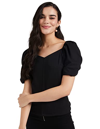 Image of Lymio Women's Crop Red Color V Neck Half Sleeve Polyester Solid Top