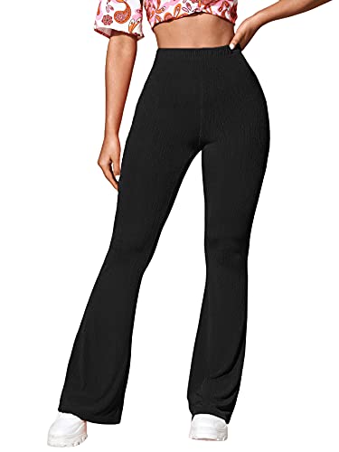Sweatyrocks Women's Elastic High Waist Flared Bell Bottom Ribbed Knit Yoga Pants Black L #TOP2