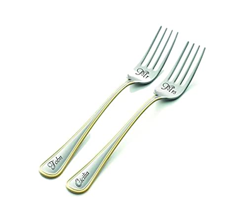 18/10 Solid Stainless Steel, Mr Mrs Forks, Gold Wedding Dining Set, Personalized Flatware For Couple, Engraved Silverware For Bride Ant Groom, Custom Bridal Shower Anniversary Gift #TOP11