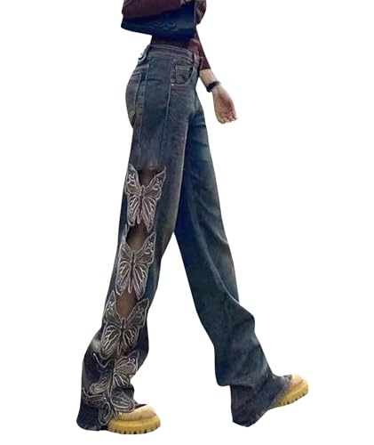 SOMTHRON Women's Vintage High Waisted Denim Pants Butterfly Embroidered Hollow Out Straight Wide Leg Jeans