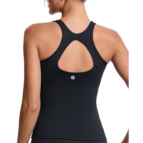 RUNNING GIRL Workout Tank Tops for Women Built in Shelf Bras Padded,Sleeveless Gym Tops Athletic Yoga Shirts E-black Large