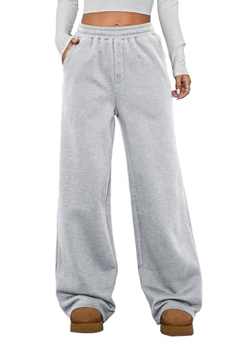 Aleumdr High Waisted Sweatpants for Women 2025 Fashion Fleece Lined Baggy Lounge Pants Drawstring Elastic Athletic Joggers with Pockets Wide Legs Pants Gray Large