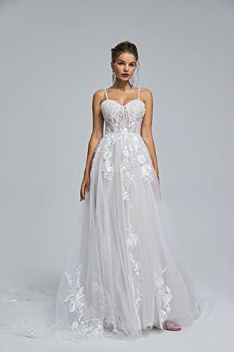 Image of Spaghetti Chiffon Beach Wedding Dress V Neck A line Bridal Gowns Lace Plus Size Wedding Dress