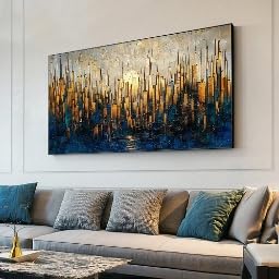 Tableau abstrait doré grand format texture bleue pour décoration murale bohème