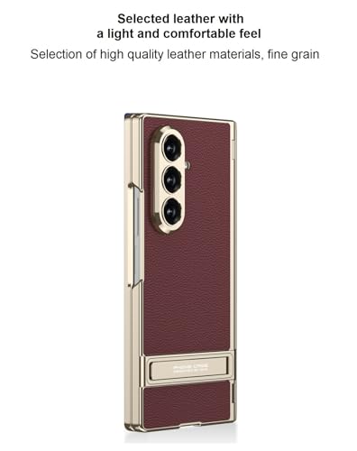 Image of Midkart Magnetic Case Compatible with Samsung Galaxy Z Fold 7 Release 2025 Hinge Protection Leather Cover with Stand Electroplated Camera Protection, Burgundy & Gold
