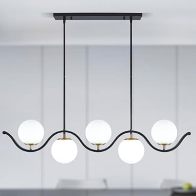 Yidelloc 42" Kitchen Island Lighting Dining Room Light Fixture 5-Light Black Gold Glass Globe Chandeliers Modern Pendant Light Fixtures for Living Room Dining