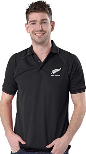 Ranks Embroidered New Zealand Deluxe Piped Black Polo Shirt, New Zealand Polo Shirt (M)