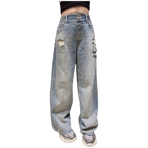 Baggy Jeans Mädchen Weites Bein Jeanshose mit Elastische Taille Outdoorhose Bequeme Breite Hose High Waist Freizeithose Y2K Jean Hip Hop Hosen Lockere Pants Schlaghose für 4-15 Jahre Kinder