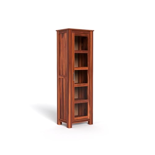 Image of SUNCOM Solid Sheesham Wood Book Shelf - Showcase Glass Door Crockery Storage Unit Or Bookcase, 5-Shelf Wooden Book Rack, Display Cabinet Furniture for Home, Kitchen & Library Areas (Natural Finish)