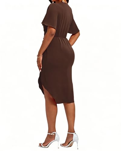 Image of Women's Wrap V Neck Asymmetrical Hem Midi Ruched Cocktail Evening Dress | Back Zipper, Regular Fit, Club Night, Semi Office Formal, Wedding Dinner Date, Flutter Short Sleeve, High Low Irregular Hem