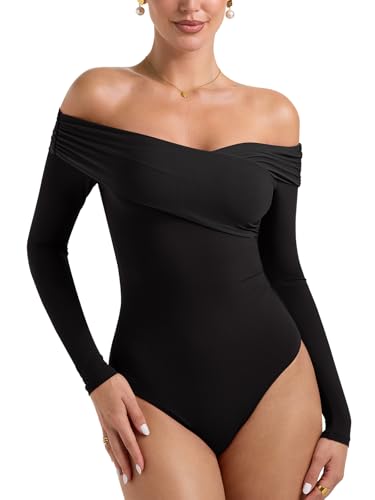 PINKMSTYLE Mesh Off The Shoulder Bodysuit For Womens Long Sleeve Bodysuit Double Lined Tops Country Concert Outfit Black Large