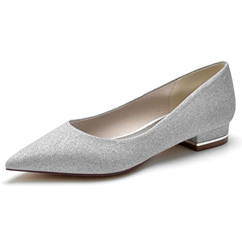 2.5Cm Wedding Shoes Sequins Flats for Bride Pointed Toe Party Dress Shoes Flats Slingback Slip on Low Heel Office Solid Color Flat Shoes,Silver,10.5 US