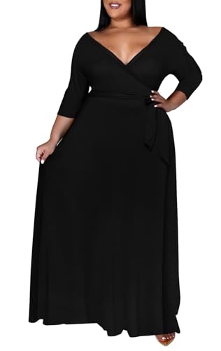 Image of Womens Plus Size Summer Dresses Sexy V Neck Midi Dress Faux Wrap Dress 3 /4 Sleeve Boho Casual Floral A-Line Skirts