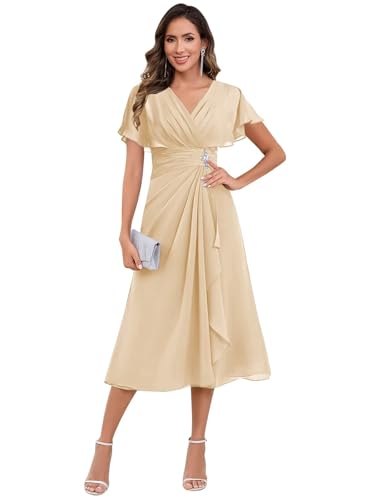 Women's V Neck Mother of The Bride Dresses for Wedding Ruffle Chiffon Tea Length Formal Evening Party Gowns4