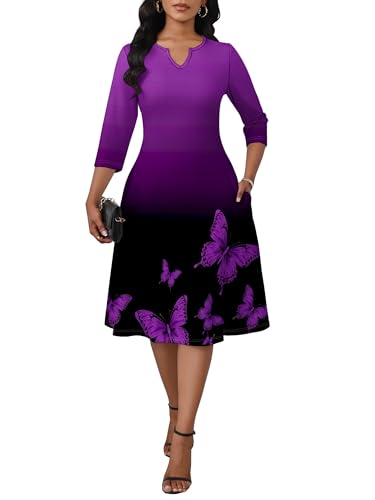 SUZONANA Women's 3/4 Sleeve A-Line Semi Formal Midi Dress Purple Butterfly