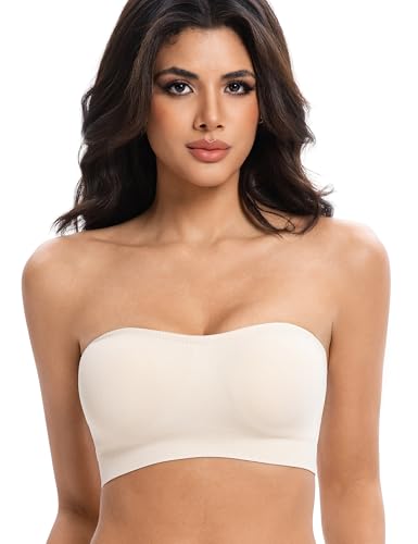 Lusait Strapless Bras for Women Non-Slip Seamless Padded Bandeau Bra Wireless Convertible Tube Top Bralette Beige L