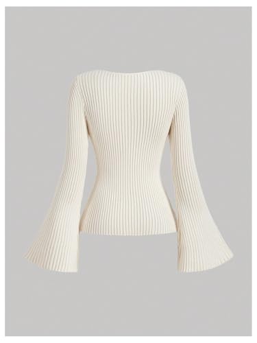 MakeMeChic Women's Rib Knitted Button Down Cardigan Bell Sleeve V Neck Sweater Top2